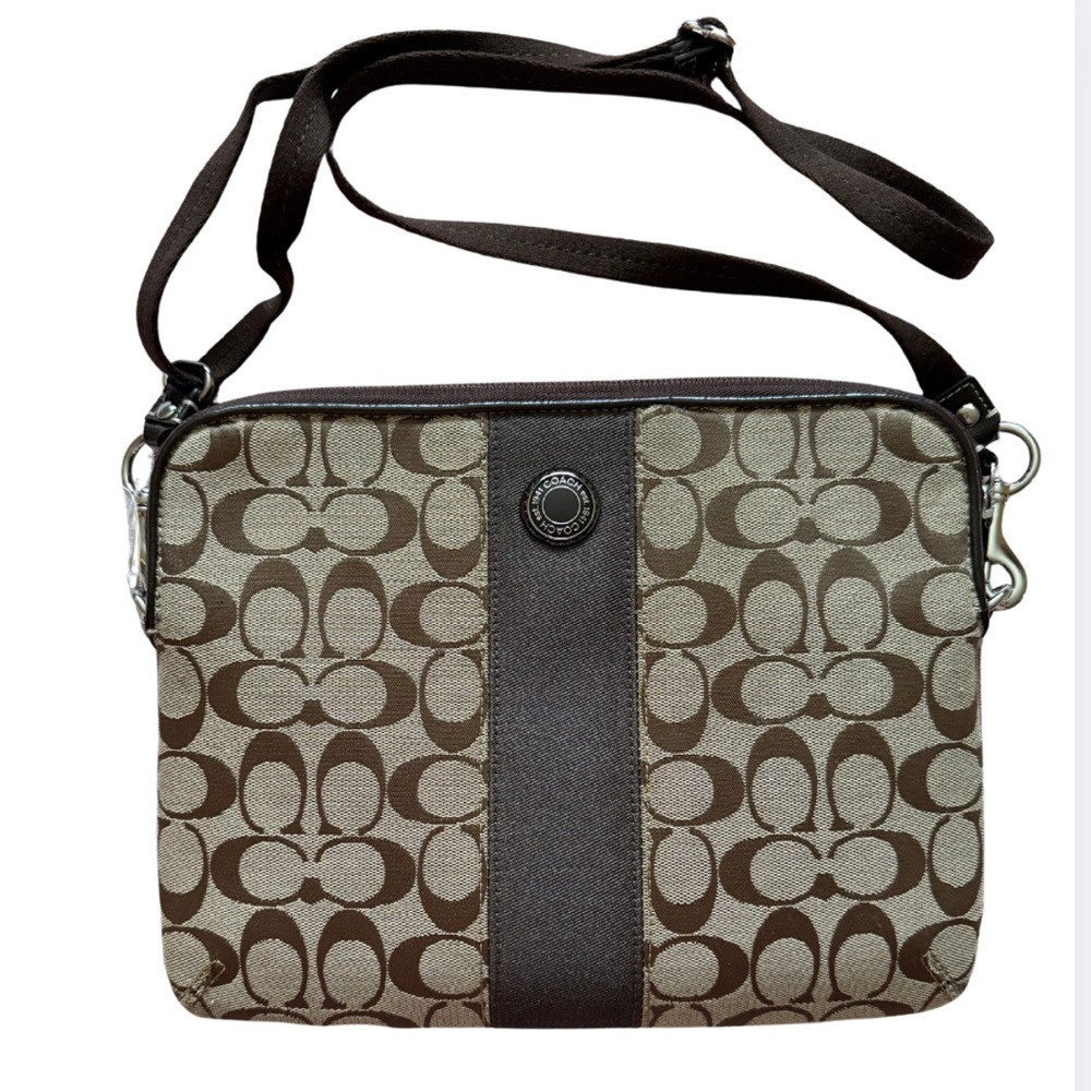 Coach Signature Stripe Tablet iPad Khaki/Mahogany Crossbody Bag Brown / Silver